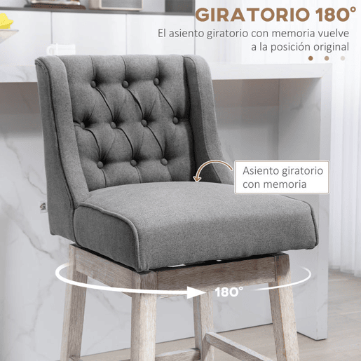HOMCOM Conjunto de 2 Bancos de Bar com Encosto Giratórios 180° Bancos Altos de Cozinha com Apoio para Pés e Pés de Madeira para Sala de Jantar 45,7x57,2x101 cm Cinzento