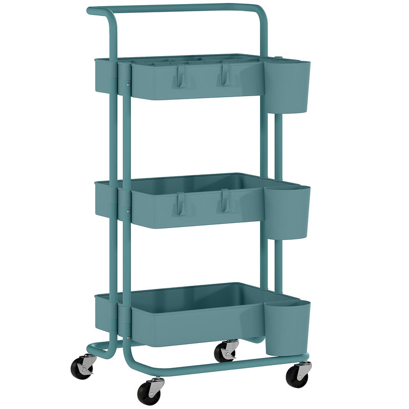 Homcom carrito auxiliar con ruedas de 3 niveles carrito de cocina con mango 3 cestas de malla y 3 cajas colgantes carro de almacenamiento para baño salón 42x38x86,5 cm azul verdoso