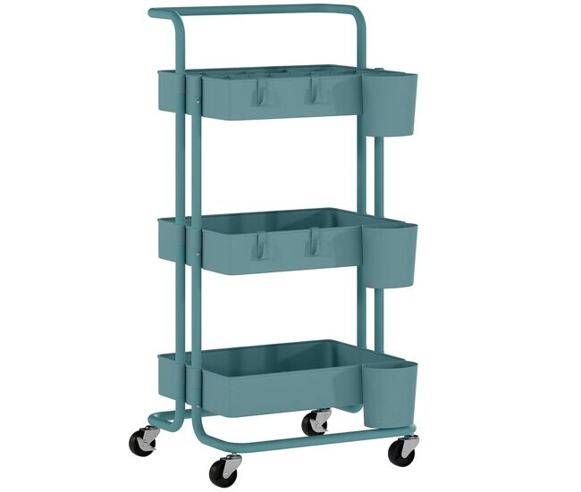 Homcom carrito auxiliar con ruedas de 3 niveles carrito de cocina con mango 3 cestas de malla y 3 cajas colgantes carro de almacenamiento para baño salón 42x38x86,5 cm azul verdoso