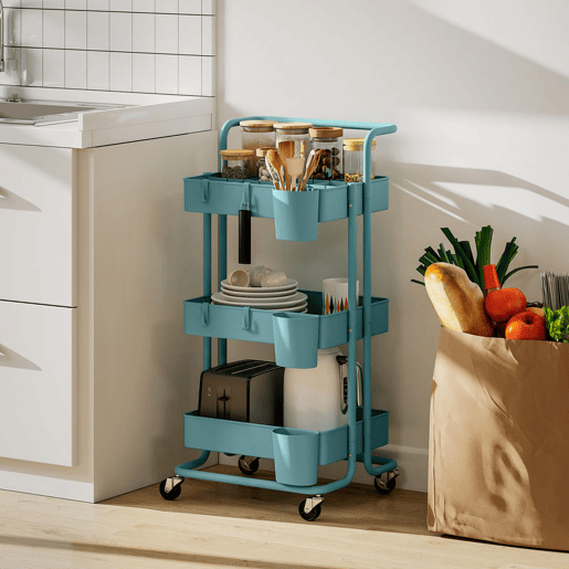 HOMCOM Carrinho de Cozinha de Aço Carrinho de Armazenamento com 4 Ganchos 3 Cestas Removíveis 3 Caixas Suspensas e Travões para Casa de Banho Sala de Estar Dormitório 42x38x86,5cm Preto