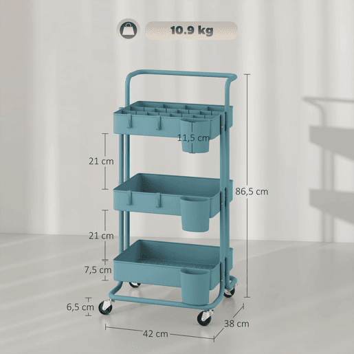 HOMCOM Carrinho de Cozinha de Aço Carrinho de Armazenamento com 4 Ganchos 3 Cestas Removíveis 3 Caixas Suspensas e Travões para Casa de Banho Sala de Estar Dormitório 42x38x86,5cm Preto