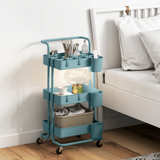 HOMCOM Carrinho de Cozinha de Aço Carrinho de Armazenamento com 4 Ganchos 3 Cestas Removíveis 3 Caixas Suspensas e Travões para Casa de Banho Sala de Estar Dormitório 42x38x86,5cm Preto