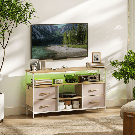 HOMCOM Móvel de TV com Luz LED Móvel de TV para Sala com Tomadas Portas USB Prateleiras Abertas 4 Gavetas de Tecido e Bolso para Televisão até 50 Polegadas 120x30x67,5 cm Bege e Madeira