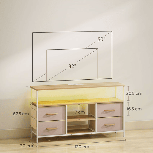 HOMCOM Móvel de TV com Luz LED Móvel de TV para Sala com Tomadas Portas USB Prateleiras Abertas 4 Gavetas de Tecido e Bolso para Televisão até 50 Polegadas 120x30x67,5 cm Bege e Madeira