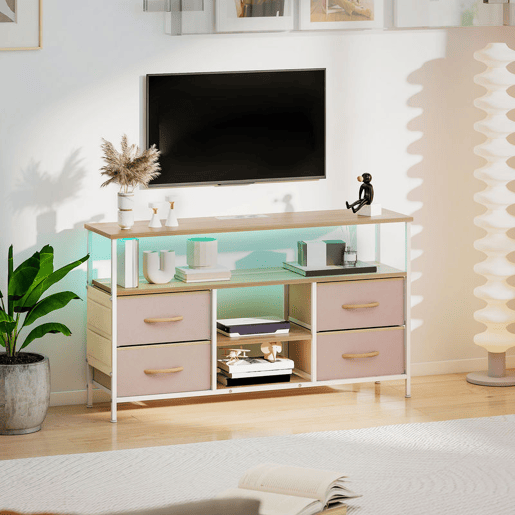HOMCOM Móvel de TV com Luz LED Móvel de TV para Sala com Tomadas Portas USB Prateleiras Abertas 4 Gavetas de Tecido e Bolso para Televisão até 50 Polegadas 120x30x67,5 cm Bege e Madeira