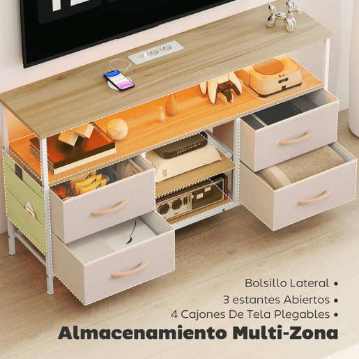 HOMCOM Móvel de TV com Luz LED Móvel de TV para Sala com Tomadas Portas USB Prateleiras Abertas 4 Gavetas de Tecido e Bolso para Televisão até 50 Polegadas 120x30x67,5 cm Bege e Madeira