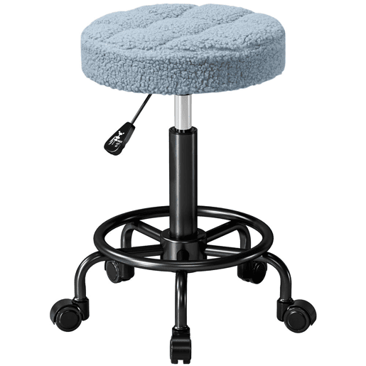HOMCOM Banco Giratório Redondo Banco com Rodas Altura Regulável 50-66 cm Assento Estofado em Tecido tipo Borreguito para Salões Oficinas Spa Massagem Azul
