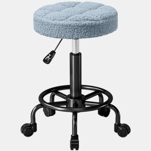 HOMCOM Banco Giratório Redondo Banco com Rodas Altura Regulável 50-66 cm Assento Estofado em Tecido tipo Borreguito para Salões Oficinas Spa Massagem Azul
