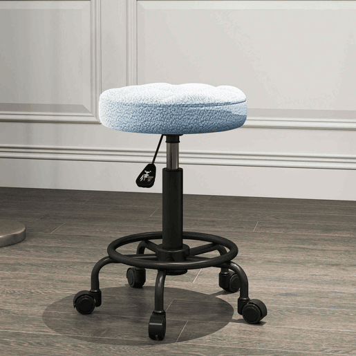 HOMCOM Banco Giratório Redondo Banco com Rodas Altura Regulável 50-66 cm Assento Estofado em Tecido tipo Borreguito para Salões Oficinas Spa Massagem Azul