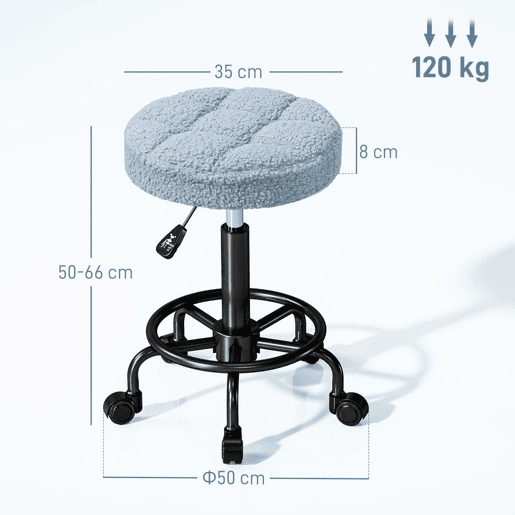 HOMCOM Banco Giratório Redondo Banco com Rodas Altura Regulável 50-66 cm Assento Estofado em Tecido tipo Borreguito para Salões Oficinas Spa Massagem Azul
