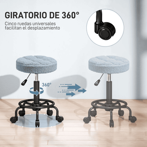 HOMCOM Banco Giratório Redondo Banco com Rodas Altura Regulável 50-66 cm Assento Estofado em Tecido tipo Borreguito para Salões Oficinas Spa Massagem Azul