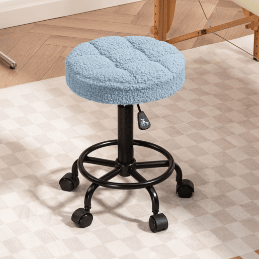 HOMCOM Banco Giratório Redondo Banco com Rodas Altura Regulável 50-66 cm Assento Estofado em Tecido tipo Borreguito para Salões Oficinas Spa Massagem Azul