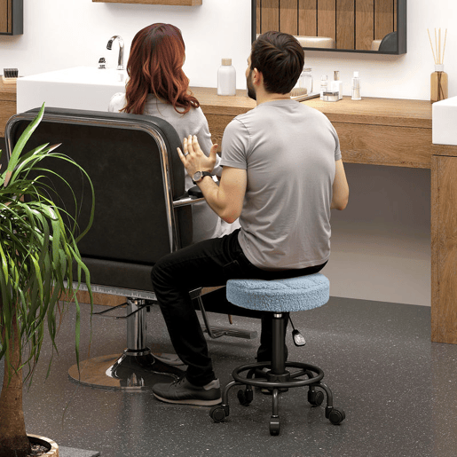 HOMCOM Banco Giratório Redondo Banco com Rodas Altura Regulável 50-66 cm Assento Estofado em Tecido tipo Borreguito para Salões Oficinas Spa Massagem Azul