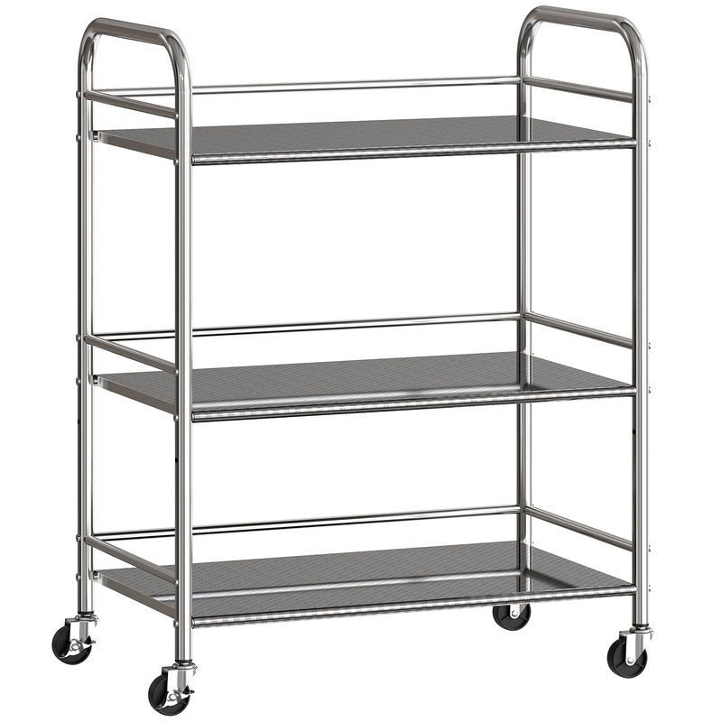 Homcom carrito auxiliar con ruedas de acero inoxidable, carro de servicio de 3 niveles con estante ajustable, 4 ruedas, carrito para cocina,
