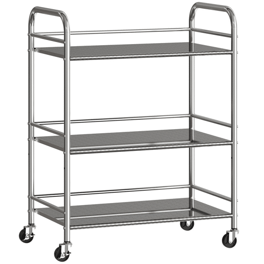 HOMCOM Carrinho Auxiliar com Rodas de Aço Inoxidável Carrinho de Serviço de 3 Níveis com Prateleira Ajustável 2 Rodas com Travão Carrinho para Cozinha 60x35x77 cm Prateado