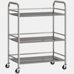 HOMCOM Carrinho Auxiliar com Rodas de Aço Inoxidável Carrinho de Serviço de 3 Níveis com Prateleira Ajustável 2 Rodas com Travão Carrinho para Cozinha 60x35x77 cm Prateado