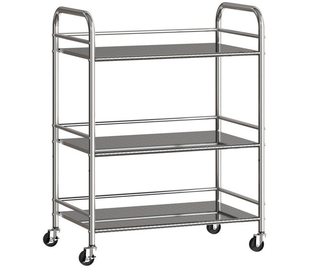 Homcom carrito auxiliar con ruedas de acero inoxidable, carro de servicio de 3 niveles con estante ajustable, 4 ruedas, carrito para cocina,