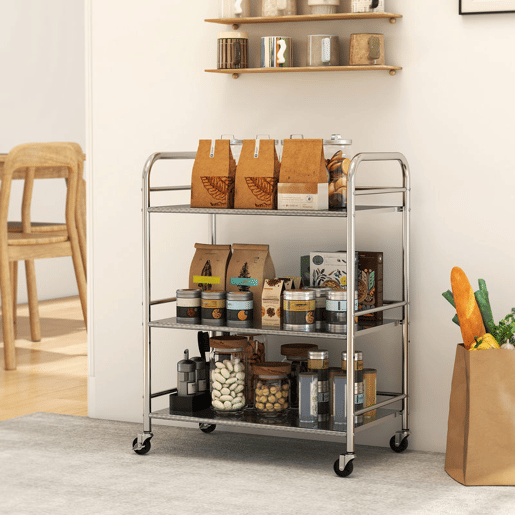 HOMCOM Carrinho Auxiliar com Rodas de Aço Inoxidável Carrinho de Serviço de 3 Níveis com Prateleira Ajustável 2 Rodas com Travão Carrinho para Cozinha 60x35x77 cm Prateado