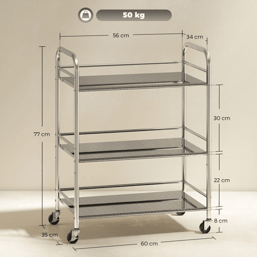 HOMCOM Carrinho Auxiliar com Rodas de Aço Inoxidável Carrinho de Serviço de 3 Níveis com Prateleira Ajustável 2 Rodas com Travão Carrinho para Cozinha 60x35x77 cm Prateado