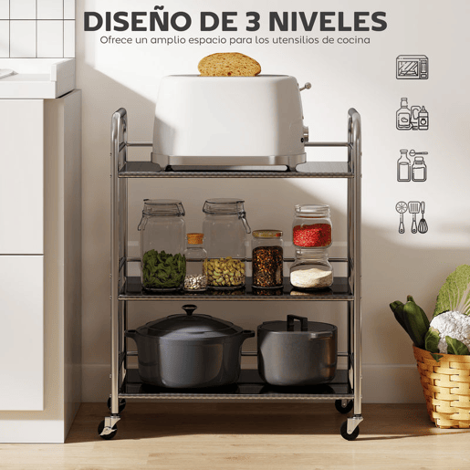 HOMCOM Carrinho Auxiliar com Rodas de Aço Inoxidável Carrinho de Serviço de 3 Níveis com Prateleira Ajustável 2 Rodas com Travão Carrinho para Cozinha 60x35x77 cm Prateado
