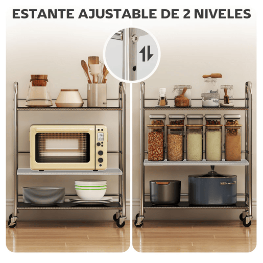 HOMCOM Carrinho Auxiliar com Rodas de Aço Inoxidável Carrinho de Serviço de 3 Níveis com Prateleira Ajustável 2 Rodas com Travão Carrinho para Cozinha 60x35x77 cm Prateado