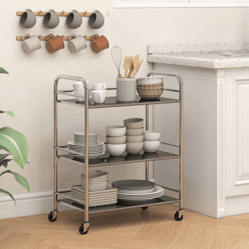 HOMCOM Carrinho Auxiliar com Rodas de Aço Inoxidável Carrinho de Serviço de 3 Níveis com Prateleira Ajustável 2 Rodas com Travão Carrinho para Cozinha 60x35x77 cm Prateado