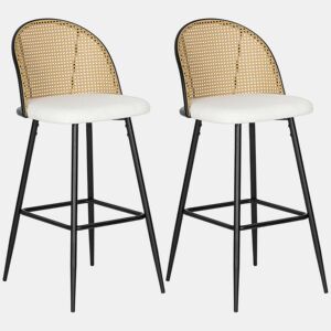HOMCOM Conjunto de 2 Bancos de Bar Bancos Altos de Cozinha com Encosto de Vime Assento Estofado em Borrego Estrutura de Aço e Apoio para Pés 48x54x102 cm Creme
