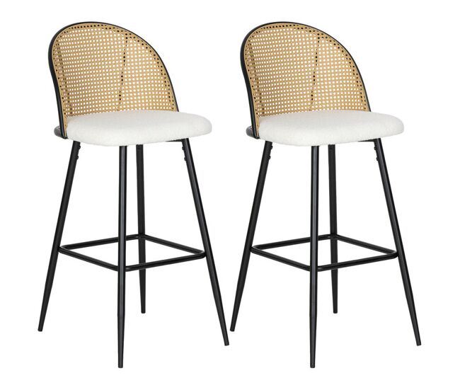 Homcom juego de 2 taburetes de bar, taburetes altos de cocina con respaldo de ratán, asiento tapizado en borreguito, marco de acero y reposapiés para