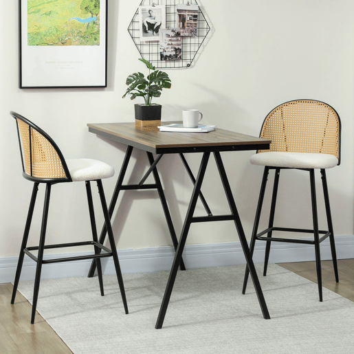 HOMCOM Conjunto de 2 Bancos de Bar Bancos Altos de Cozinha com Encosto de Vime Assento Estofado em Borrego Estrutura de Aço e Apoio para Pés 48x54x102 cm Creme