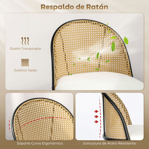 HOMCOM Conjunto de 2 Bancos de Bar Bancos Altos de Cozinha com Encosto de Vime Assento Estofado em Borrego Estrutura de Aço e Apoio para Pés 48x54x102 cm Creme