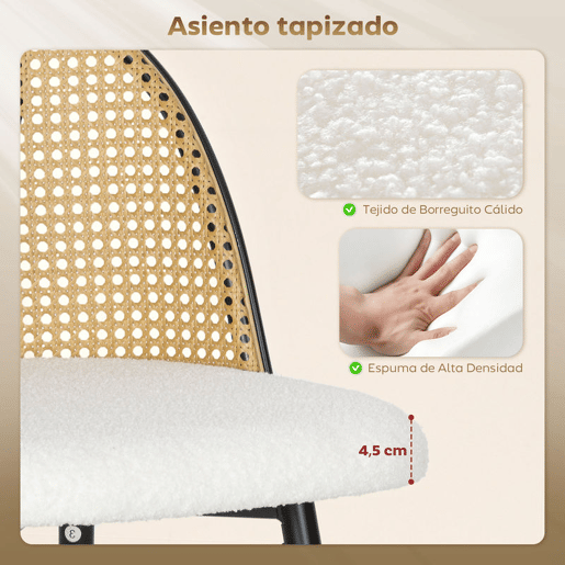 HOMCOM Conjunto de 2 Bancos de Bar Bancos Altos de Cozinha com Encosto de Vime Assento Estofado em Borrego Estrutura de Aço e Apoio para Pés 48x54x102 cm Creme