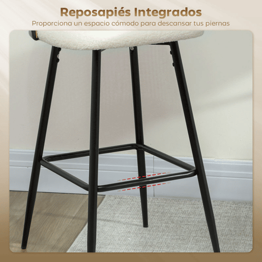 HOMCOM Conjunto de 2 Bancos de Bar Bancos Altos de Cozinha com Encosto de Vime Assento Estofado em Borrego Estrutura de Aço e Apoio para Pés 48x54x102 cm Creme