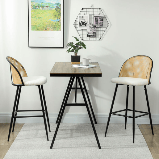 HOMCOM Conjunto de 2 Bancos de Bar Bancos Altos de Cozinha com Encosto de Vime Assento Estofado em Borrego Estrutura de Aço e Apoio para Pés 48x54x102 cm Creme