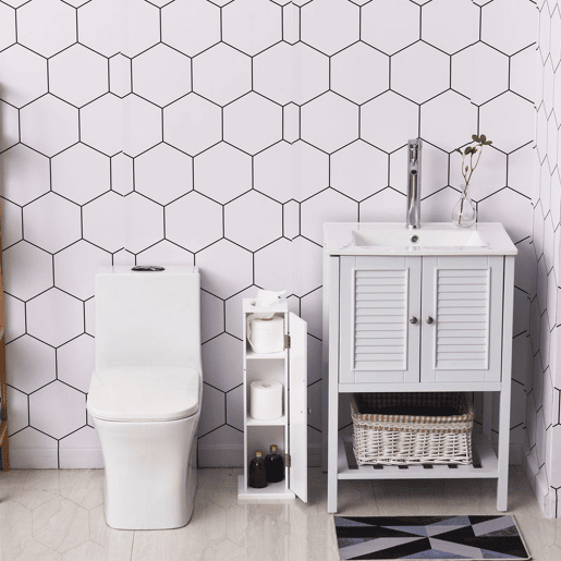 HOMCOM Armário de Casa de Banho Estreito Móvel de Casa de Banho com Orifício para Papel Higiénico e Prateleiras Estilo Moderno para Espaços Pequenos 19,5x19,5x65 cm Branco