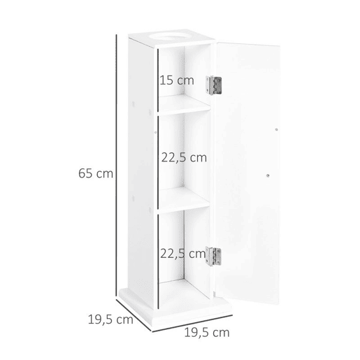 HOMCOM Armário de Casa de Banho Estreito Móvel de Casa de Banho com Orifício para Papel Higiénico e Prateleiras Estilo Moderno para Espaços Pequenos 19,5x19,5x65 cm Branco