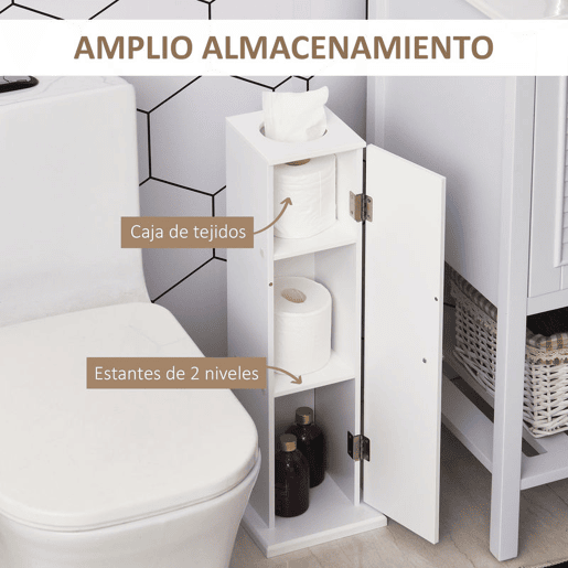 HOMCOM Armário de Casa de Banho Estreito Móvel de Casa de Banho com Orifício para Papel Higiénico e Prateleiras Estilo Moderno para Espaços Pequenos 19,5x19,5x65 cm Branco
