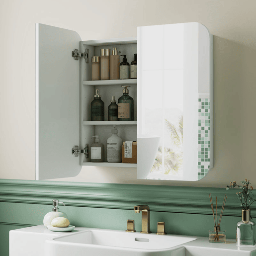 HOMCOM Armário de Casa de Banho com Espelho Design com Bordas Curvas Armário de Parede Móvel de Casa de Banho para Pendurar 2 Portas Prateleiras Ajustáveis 68x13x66 cm Branco