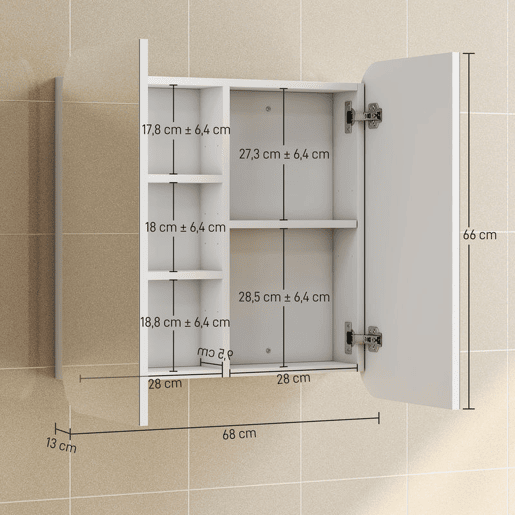 HOMCOM Armário de Casa de Banho com Espelho Design com Bordas Curvas Armário de Parede Móvel de Casa de Banho para Pendurar 2 Portas Prateleiras Ajustáveis 68x13x66 cm Branco