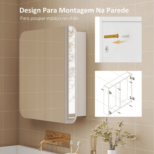 HOMCOM Armário de Casa de Banho com Espelho Design com Bordas Curvas Armário de Parede Móvel de Casa de Banho para Pendurar 2 Portas Prateleiras Ajustáveis 68x13x66 cm Branco