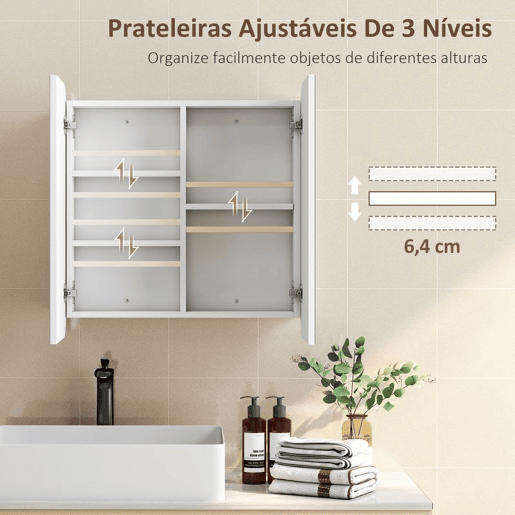 HOMCOM Armário de Casa de Banho com Espelho Design com Bordas Curvas Armário de Parede Móvel de Casa de Banho para Pendurar 2 Portas Prateleiras Ajustáveis 68x13x66 cm Branco