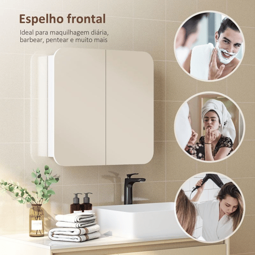HOMCOM Armário de Casa de Banho com Espelho Design com Bordas Curvas Armário de Parede Móvel de Casa de Banho para Pendurar 2 Portas Prateleiras Ajustáveis 68x13x66 cm Branco