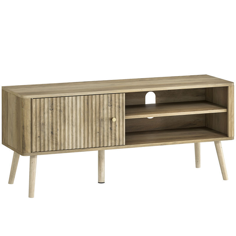 Homcom mueble de tv, mesa de tv 115 cm, mueble para televisión hasta 55 pulgadas, con puerta acanalada, estante ajustable, compartimentos abiertos y orificio para cables, para salón, comedor, roble