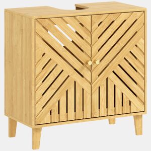 HOMCOM Móvel para Lavatório Pousar em Bambu Móvel de Casa de Banho com 2 Portas Ripadas e Prateleira Ajustável Armário de Casa de Banho para Lavatório sem Pedestal Estilo Nórdico 60x30x60 cm Madeira