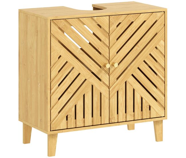 Homcom mueble bajo lavabo de bambú mueble de baño con 2 puertas lamas y estante ajustable armario de baño para lavabo sin pedestal estilo nórdico