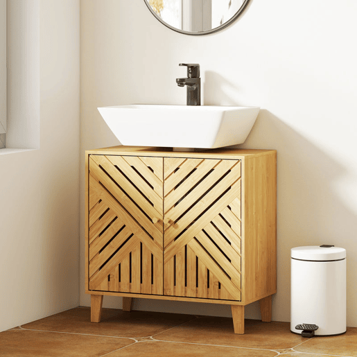 HOMCOM Móvel para Lavatório Pousar em Bambu Móvel de Casa de Banho com 2 Portas Ripadas e Prateleira Ajustável Armário de Casa de Banho para Lavatório sem Pedestal Estilo Nórdico 60x30x60 cm Madeira