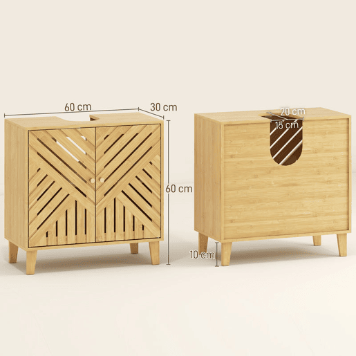 HOMCOM Móvel para Lavatório Pousar em Bambu Móvel de Casa de Banho com 2 Portas Ripadas e Prateleira Ajustável Armário de Casa de Banho para Lavatório sem Pedestal Estilo Nórdico 60x30x60 cm Madeira