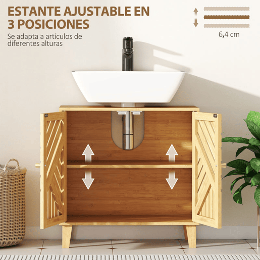 HOMCOM Móvel para Lavatório Pousar em Bambu Móvel de Casa de Banho com 2 Portas Ripadas e Prateleira Ajustável Armário de Casa de Banho para Lavatório sem Pedestal Estilo Nórdico 60x30x60 cm Madeira