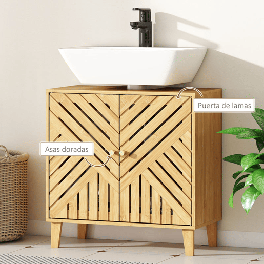 HOMCOM Móvel para Lavatório Pousar em Bambu Móvel de Casa de Banho com 2 Portas Ripadas e Prateleira Ajustável Armário de Casa de Banho para Lavatório sem Pedestal Estilo Nórdico 60x30x60 cm Madeira
