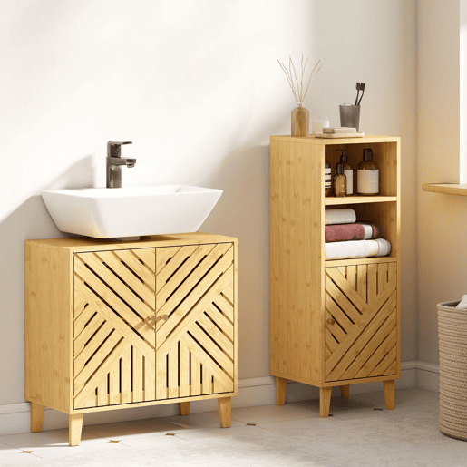 HOMCOM Móvel para Lavatório Pousar em Bambu Móvel de Casa de Banho com 2 Portas Ripadas e Prateleira Ajustável Armário de Casa de Banho para Lavatório sem Pedestal Estilo Nórdico 60x30x60 cm Madeira