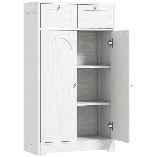 HOMCOM Armário de Casa de Banho Estreito Móvel Auxiliar Casa de Banho 60x30x108 cm, com 2 Gavetas Prateleira Aberta e Porta com Painel Arqueado Estilo Moderno, para Espaços Pequenos Branco Texturizado